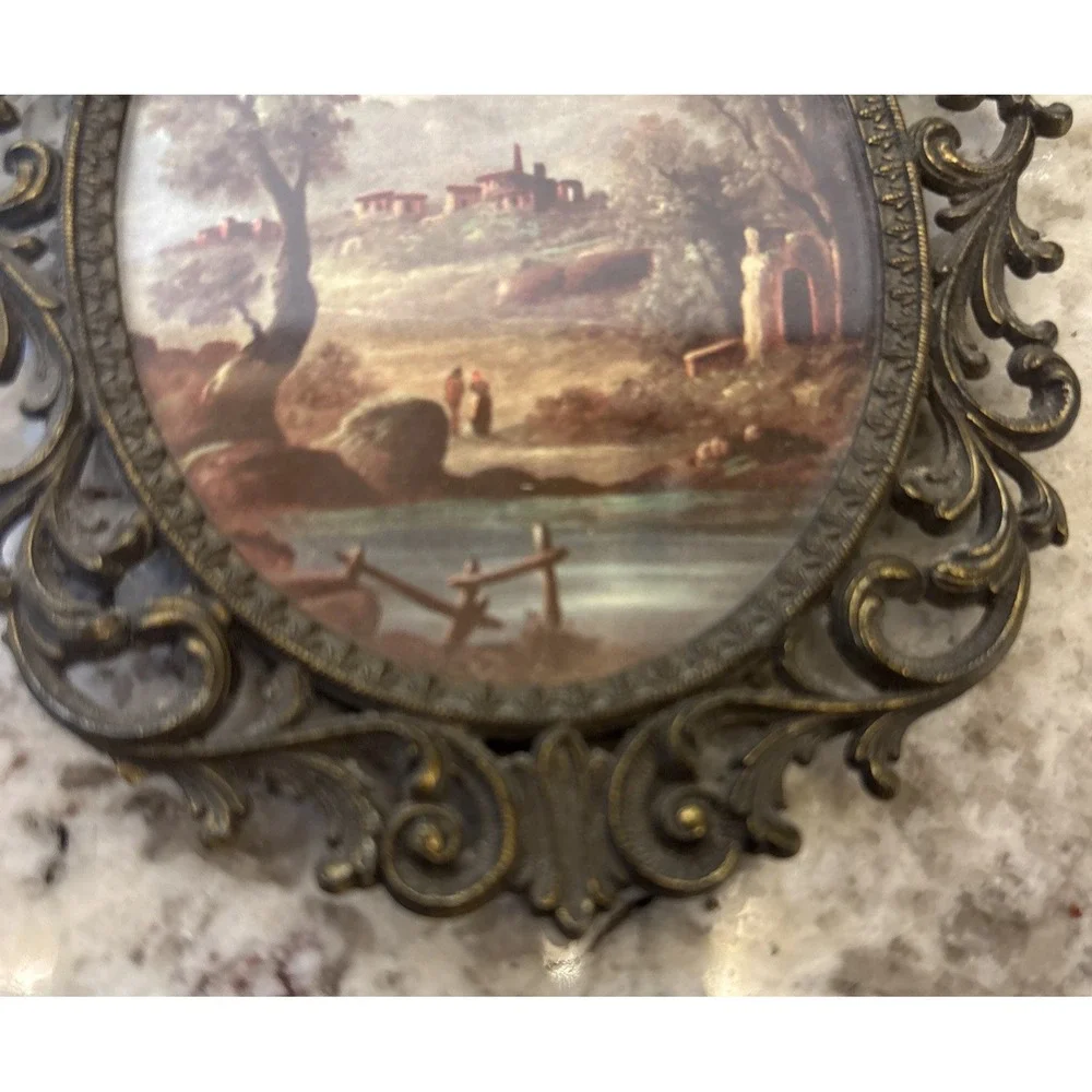 Small Ornate Patina Gold Filigree Oval Frame Florentine Landscape Print Art VTG